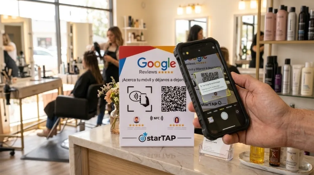Cliente con funda gruesa en el celular escaneando el código QR de la placa porque el chip NFC no responde