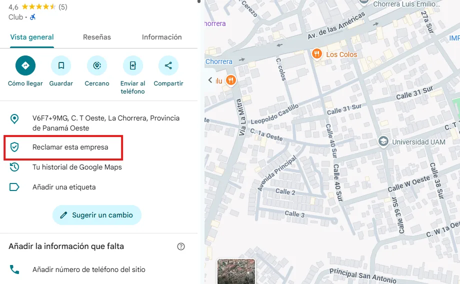 Ficha de Google Maps mostrando el enlace para reclamar el negocio