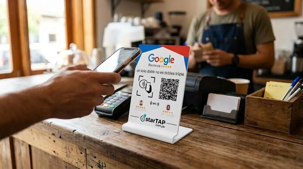 Stand NFC sobre el mostrador de un negocio panameño en el momento del cobro